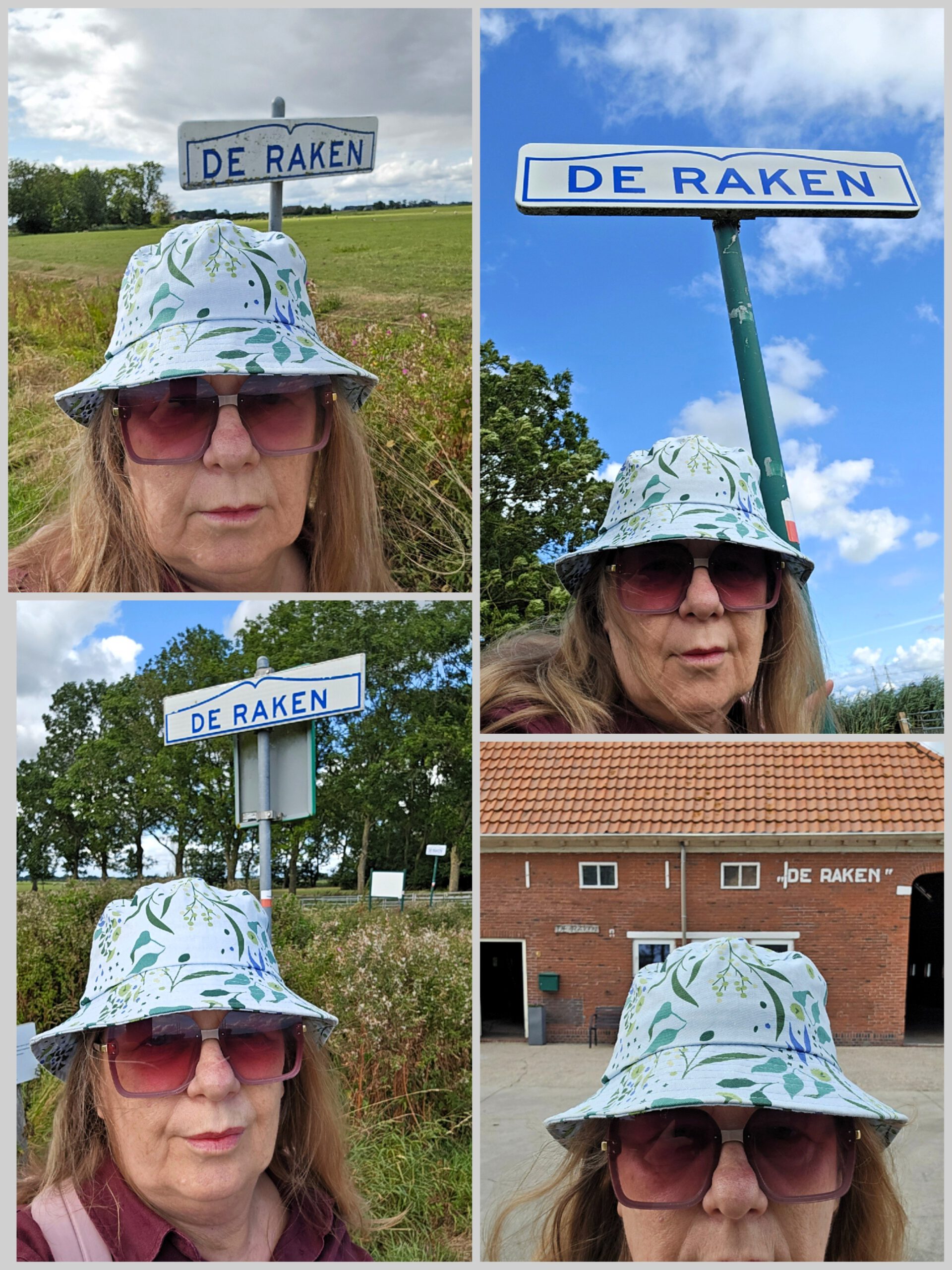 Gea Kramer bij de verschillende borden van De Raken in het Reitdiepgebied, Groningen