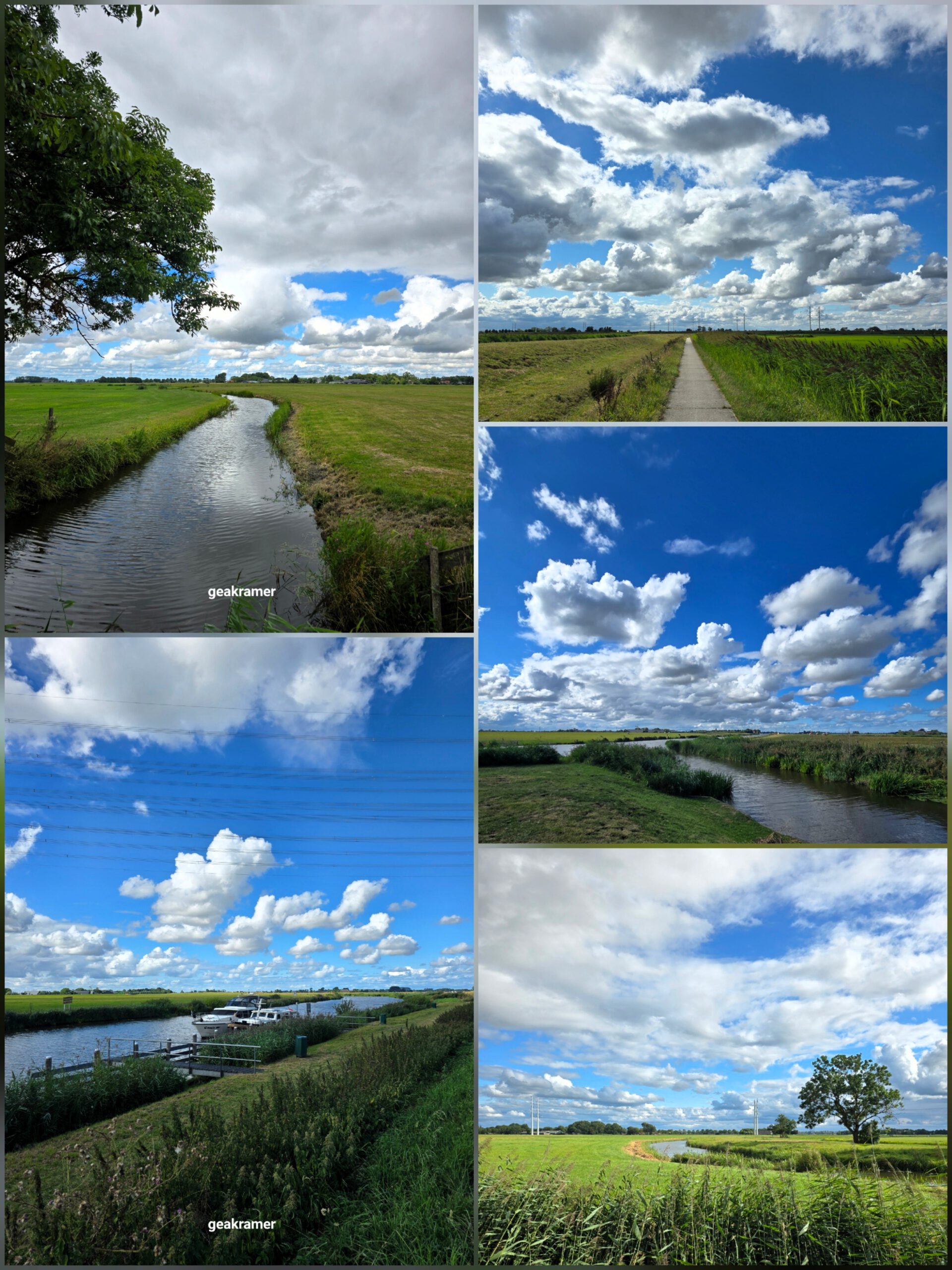 Collage van wolkenluchten en polderlandschap in het Reitdiepgebied bij Sauwerd en Hekkum, gefotografeerd door Gea Kramer tijdens treinwandeling