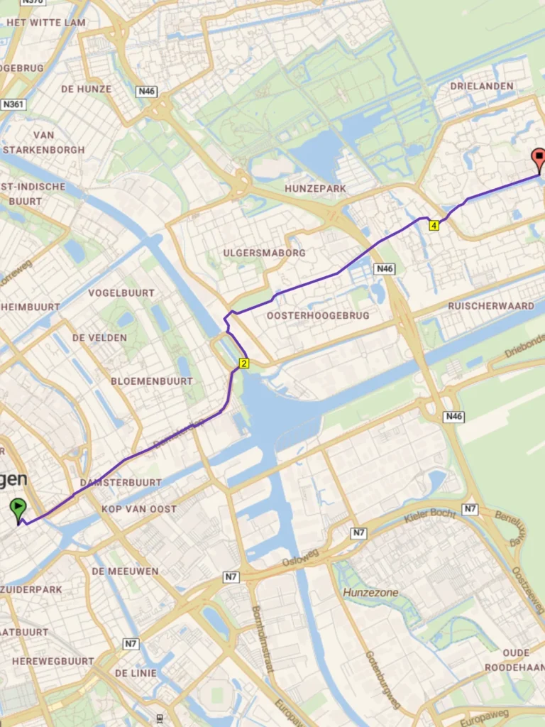 Wandelroute vanuit de binnenstad van Groningen via het Damsterdiep en de Stadsweg naar Lewenborg
